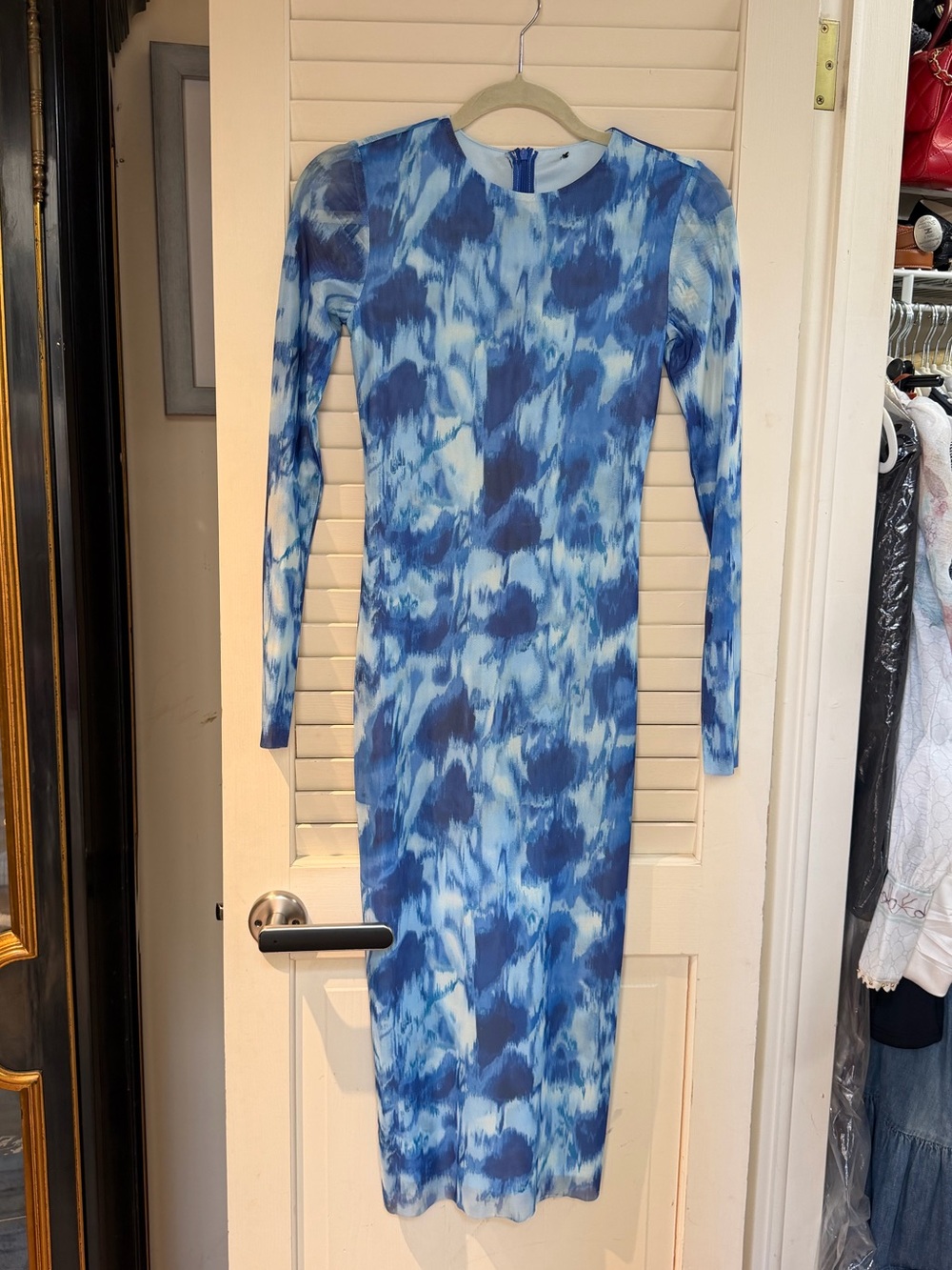 Blue Tie-Dye Long Sleeve Midi Dress